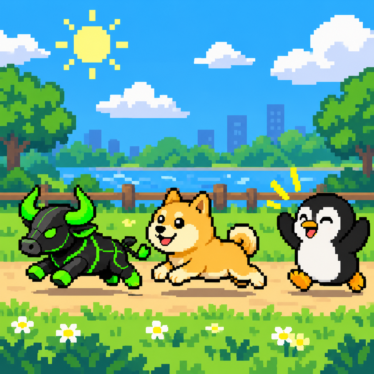Pixel-art neon-horned bull and dog running through a sunny park beside a cheering penguin