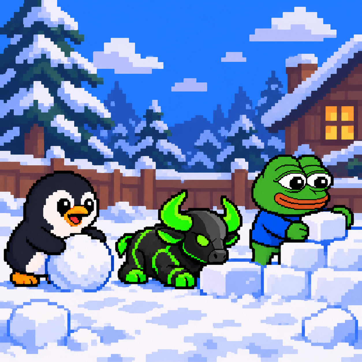 Pixel-art penguin, neon-horned bull and Pepe building with snow outside a winter cabin