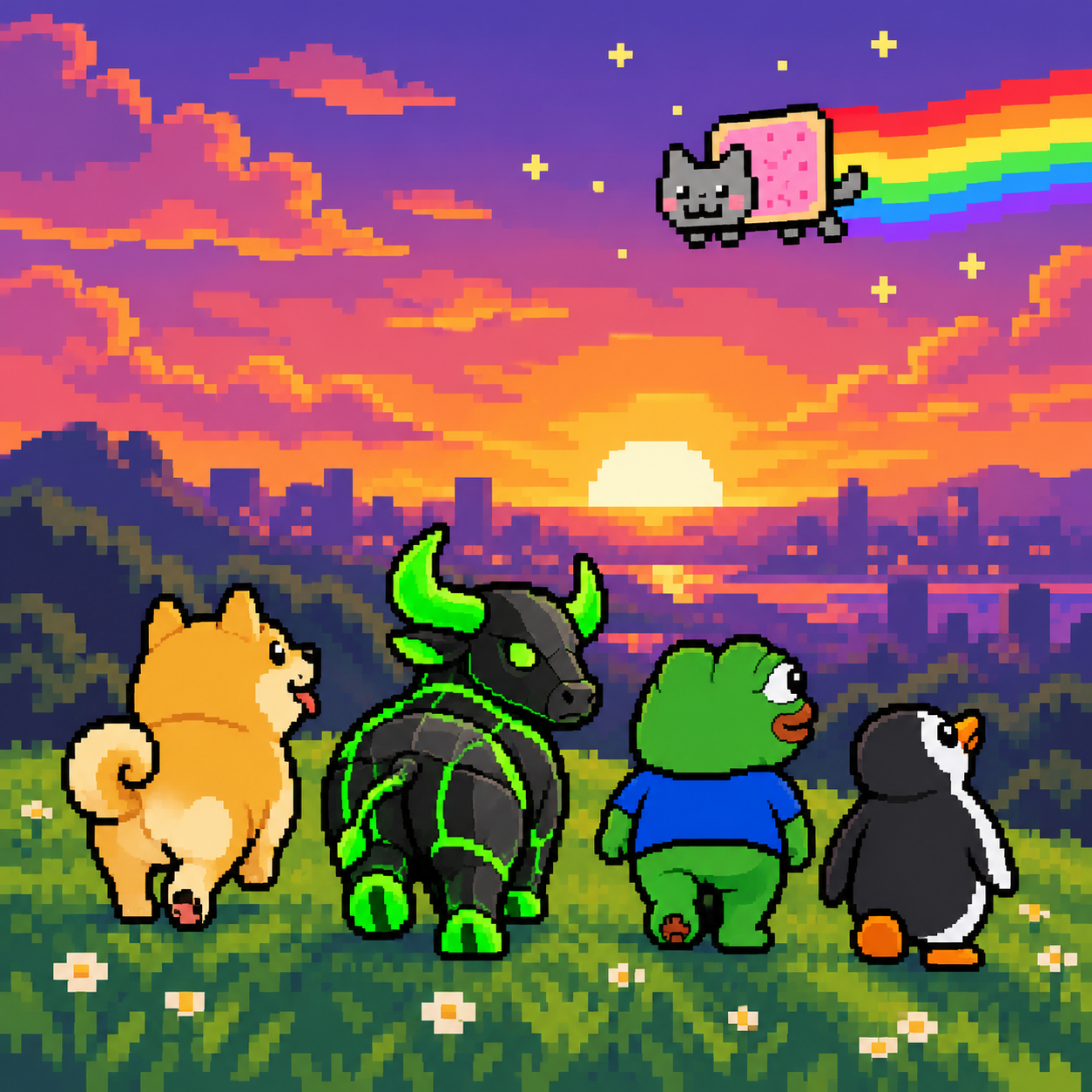 Pixel-art dog, neon-horned bull, Pepe and penguin watching a sunset as Nyan Cat flies overhead